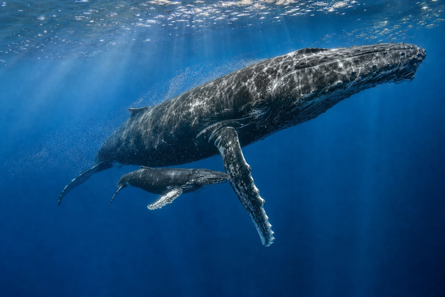 Humpback whale and calf swimming through deep blue water