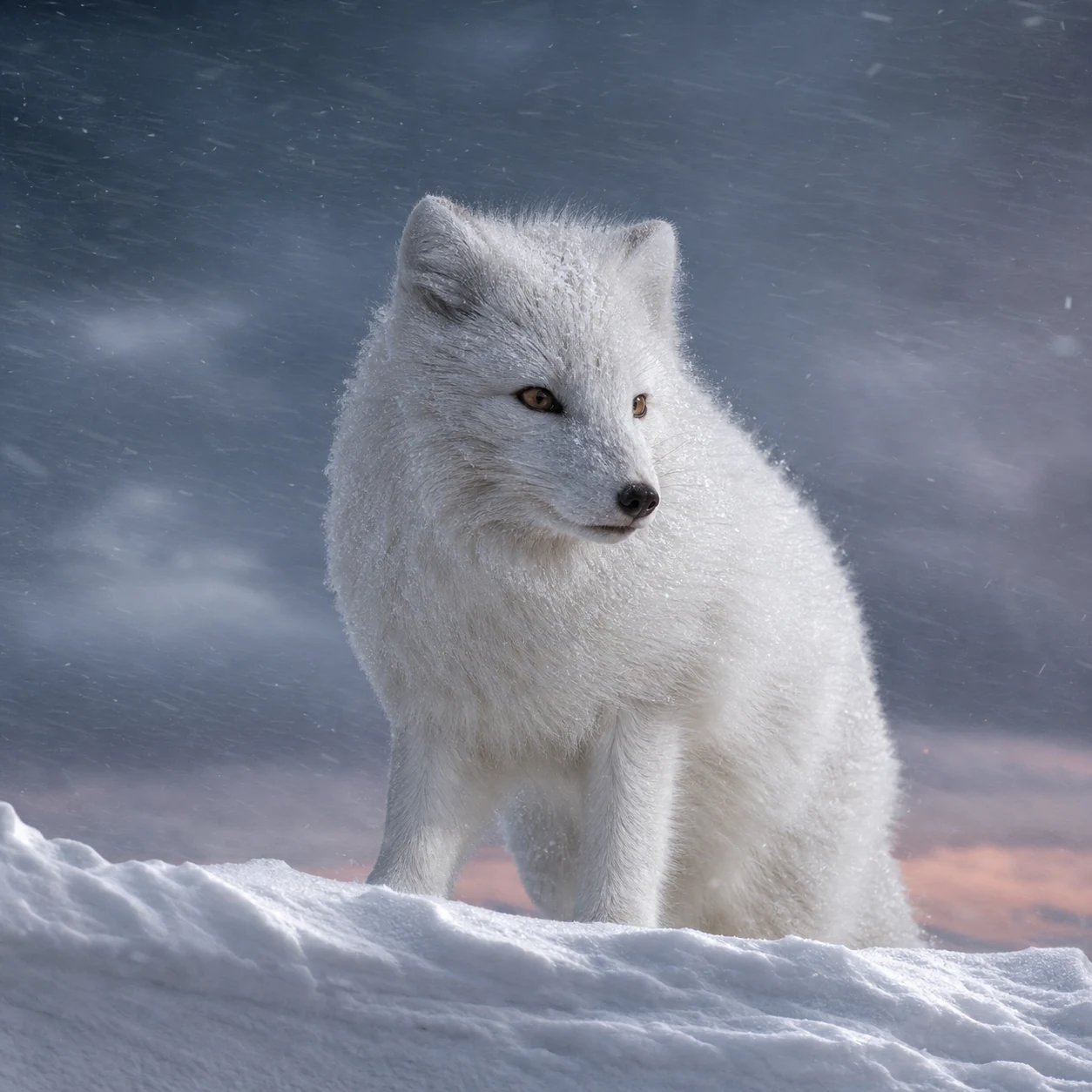 Arctic fox standing on a windblown snow ridge
